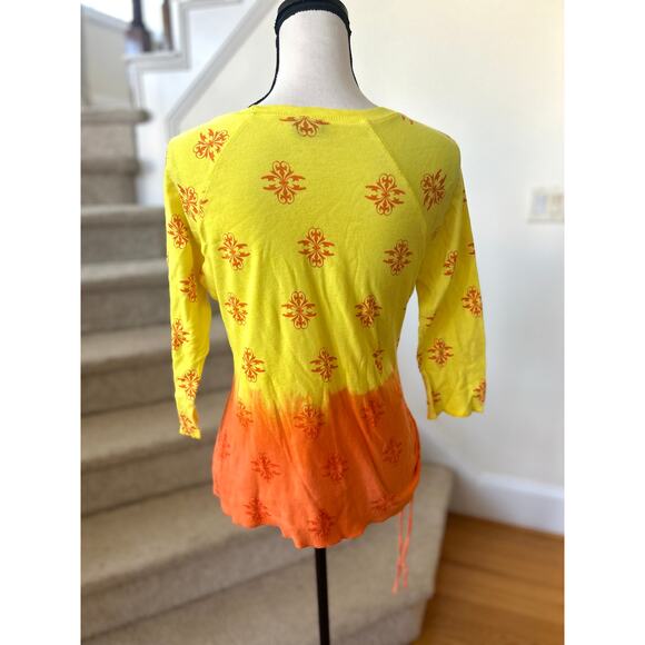 Vintage Y2K Yellow Orange Ombre Glitter Mandala Ruched T-Shirt - Picture 4 of 6